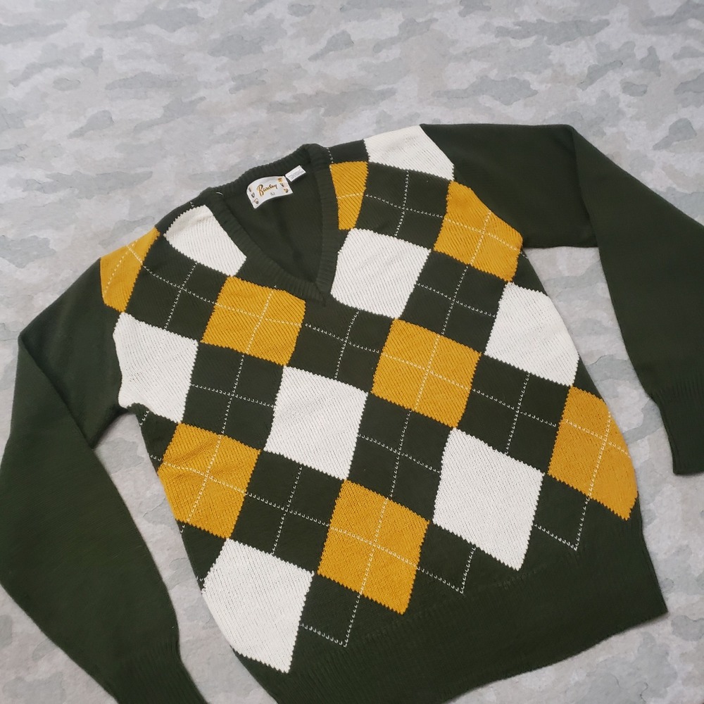 Vintage Barclay Argyle Sweater Mens Large Green V-Neck Knit Preppy Pullover - Picture 2 of 8